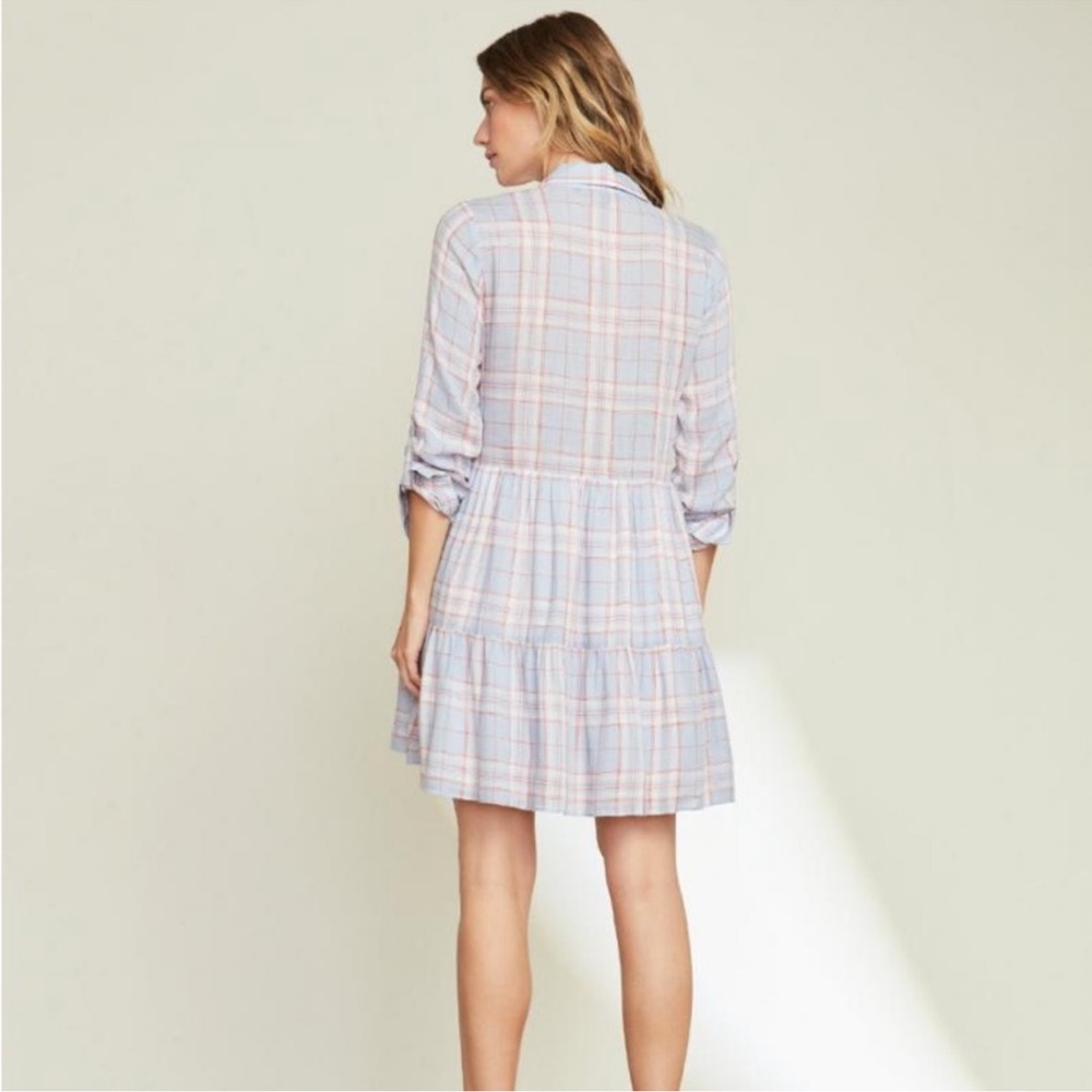Veronica Beard Light Blue and Pink Plaid Shirt Dress - Picture 4 of 7